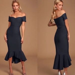 Lulus Midnight Blue How Much I Care Off the Shoulder Midi Dress NWT Size XS